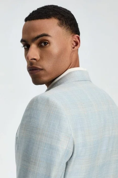 İpek-Yün Karışım Ekose Desen Orta Mavi Blazer Ceket