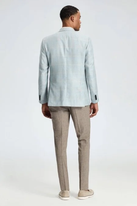 İpek-Yün Karışım Ekose Desen Orta Mavi Blazer Ceket