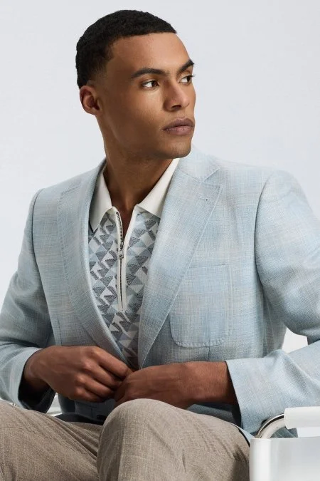 İpek-Yün Karışım Ekose Desen Orta Mavi Blazer Ceket