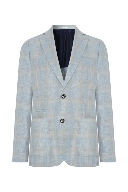 İpek-Yün Karışım Ekose Desen Orta Mavi Blazer Ceket