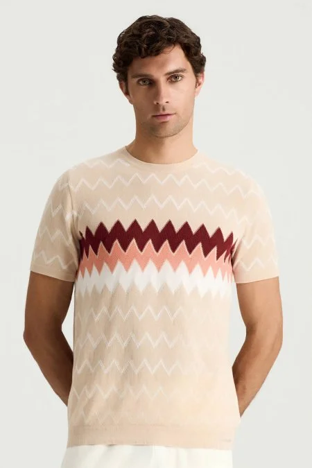 İtalyan İplik Zigzag Desen Bej Triko T-Shirt
