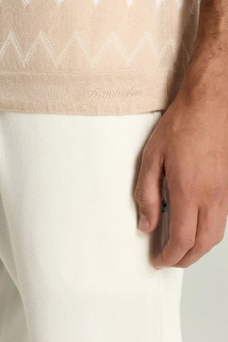 İtalyan İplik Zigzag Desen Bej Triko T-Shirt