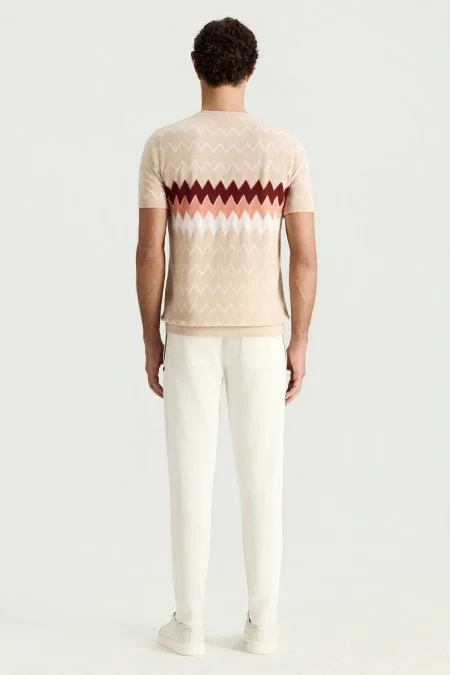 İtalyan İplik Zigzag Desen Bej Triko T-Shirt