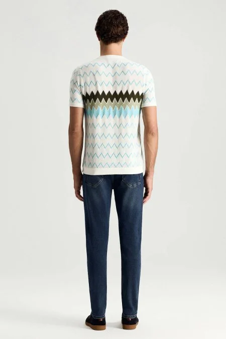 İtalyan İplik Zigzag Desen Beyaz Triko T-Shirt