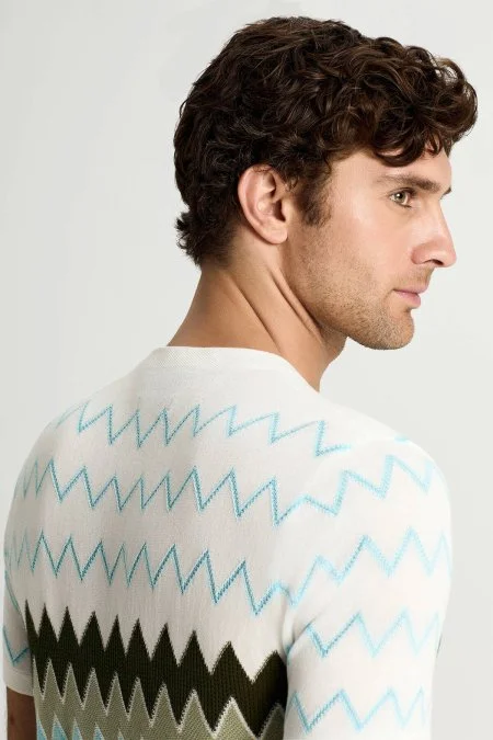 İtalyan İplik Zigzag Desen Beyaz Triko T-Shirt