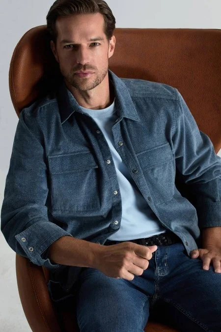İtalyan Kumaş Kent Yaka Açık Mavi Ceket Gömlek