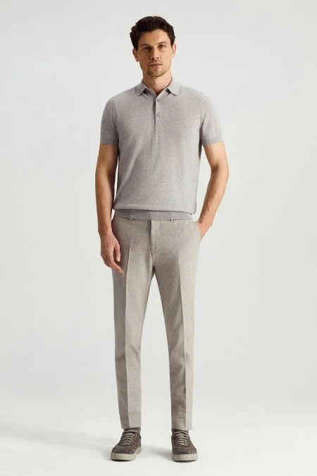 İtalyan Merino Yün Basic Açık Gri Triko Polo