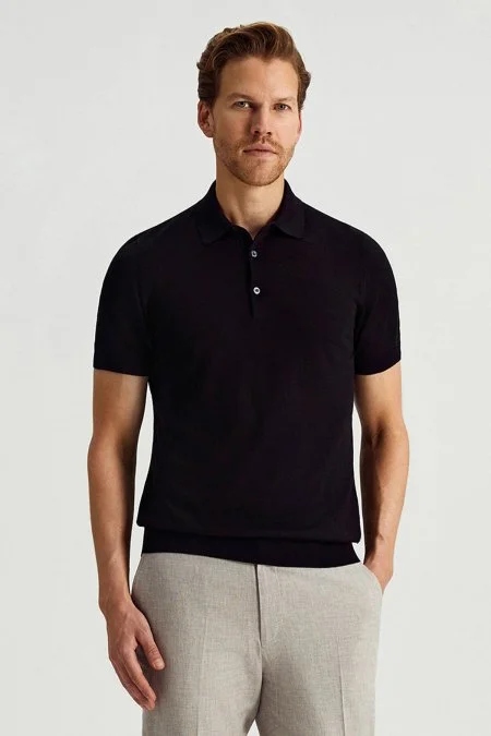 İtalyan Merino Yün Basic Siyah Triko Polo