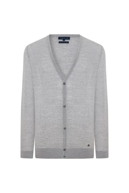 İtalyan Merino Yün Düğmeli Açık Gri Triko Hırka