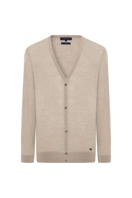 İtalyan Merino Yün Düğmeli Krem Triko Hırka