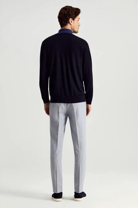 İtalyan Merino Yün Düğmeli Lacivert Triko Hırka