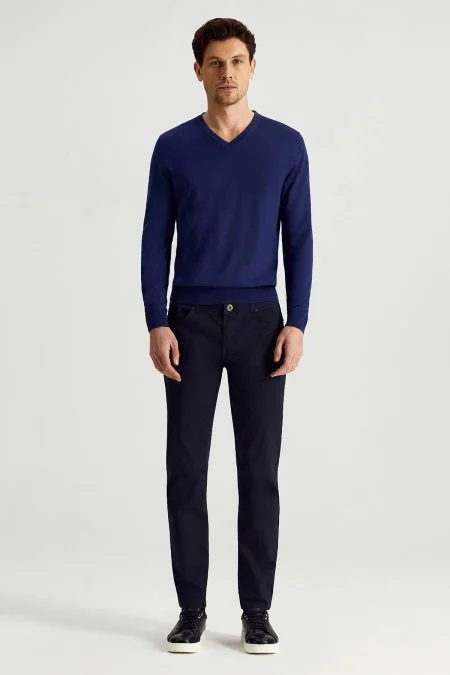 İtalyan Merino Yün V Yaka Mavi Triko