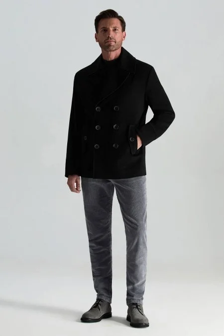 İtalyan Saf Yün Düğme Cepli Siyah Palto