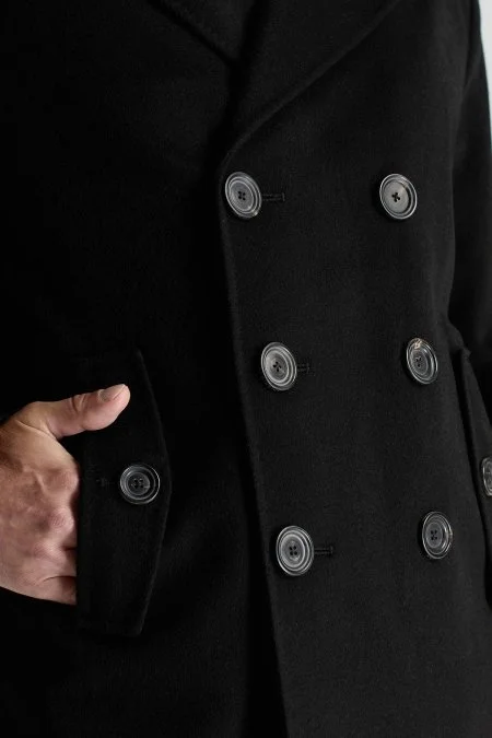 İtalyan Saf Yün Düğme Cepli Siyah Palto