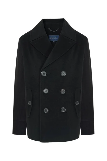 İtalyan Saf Yün Düğme Cepli Siyah Palto