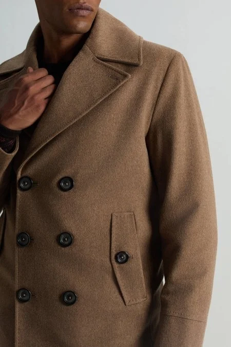 İtalyan Saf Yün Düğme Cepli Tütün Rengi Palto