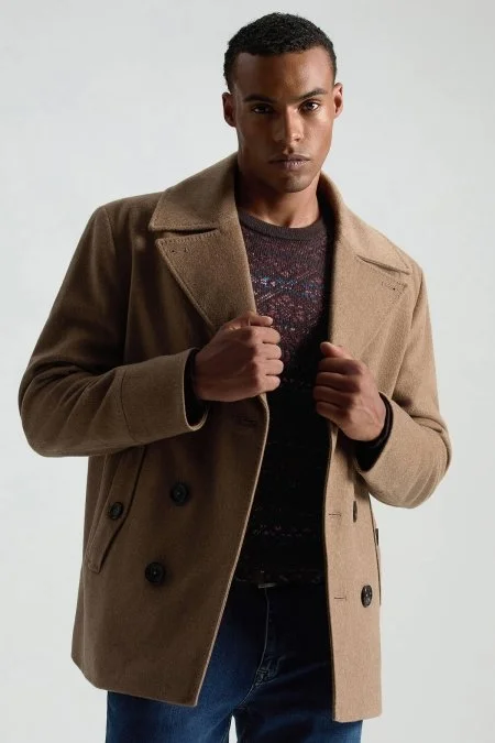 İtalyan Saf Yün Düğme Cepli Tütün Rengi Palto