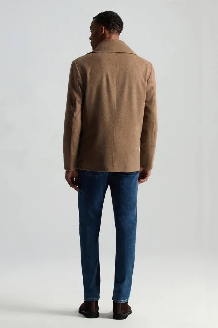 İtalyan Saf Yün Düğme Cepli Tütün Rengi Palto