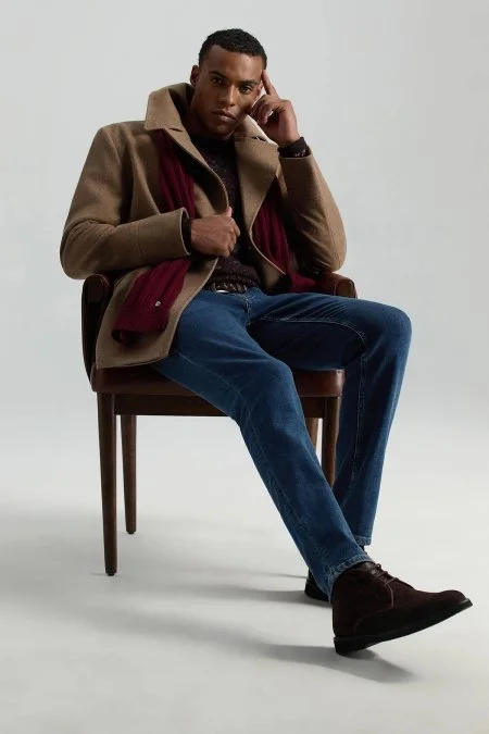 İtalyan Saf Yün Düğme Cepli Tütün Rengi Palto