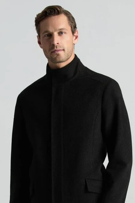 İtalyan Saf Yün Fermuar Detaylı Antrasit Palto