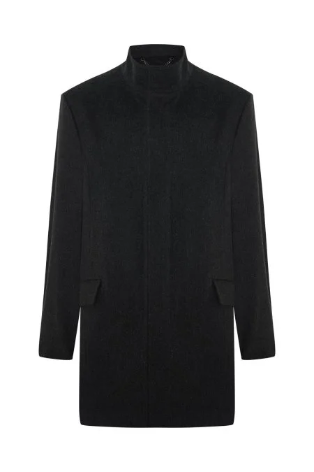 İtalyan Saf Yün Fermuar Detaylı Antrasit Palto