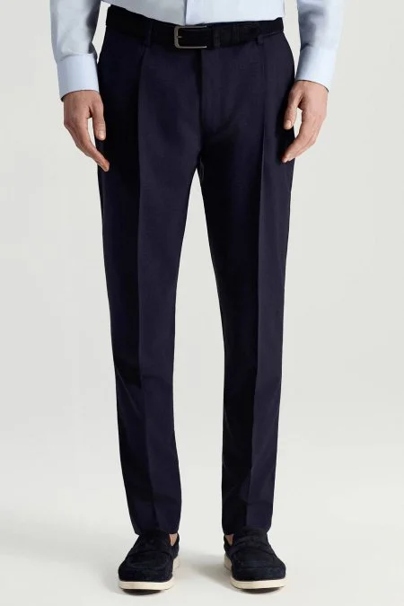 İtalyan Saf Yün Lacivert Klasik Dokuma Pantolon