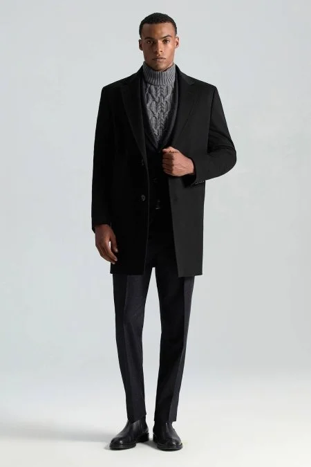 İtalyan Saf Yün Siyah Palto