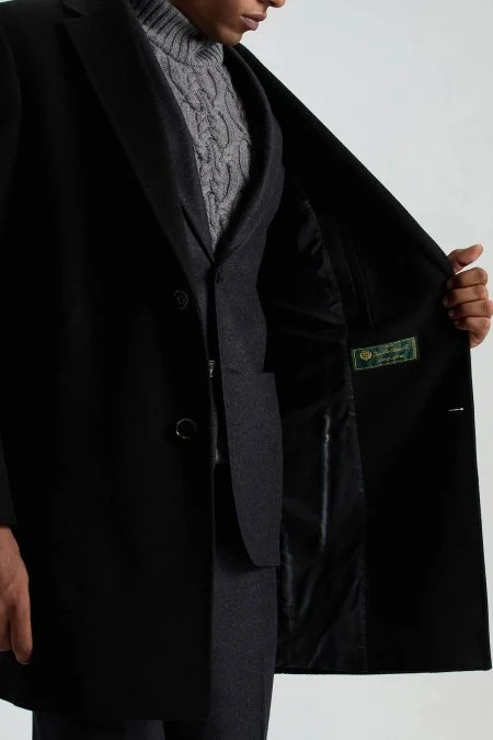 İtalyan Saf Yün Siyah Palto