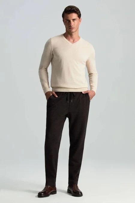 İtalyan Yün Bağcık Detaylı Kahverengi Relax Pantolon