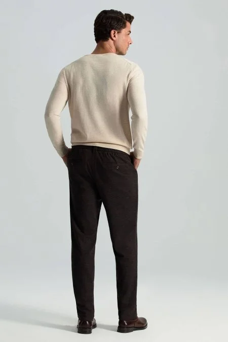 İtalyan Yün Bağcık Detaylı Kahverengi Relax Pantolon