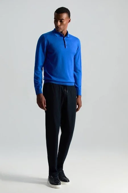 İtalyan Yün Bağcık Detaylı Lacivert Relax Pantolon