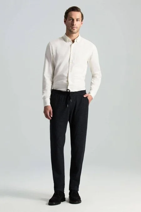 İtalyan Yün Bağcık Detaylı Siyah Relax Pantolon