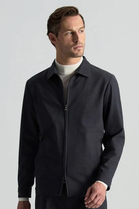 İtalyan Yün Fermuarlı Koyu Mavi Spor Ceket