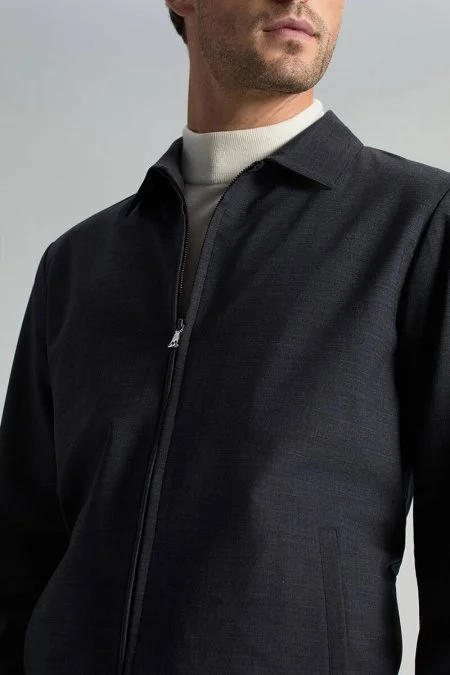 İtalyan Yün Fermuarlı Koyu Mavi Spor Ceket