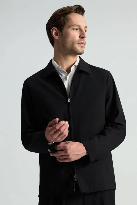 İtalyan Yün Fermuarlı Siyah Spor Ceket