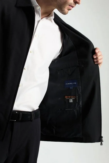 İtalyan Yün Fermuarlı Siyah Spor Ceket