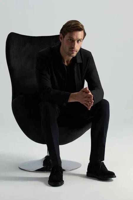 İtalyan Yün Fermuarlı Siyah Spor Ceket