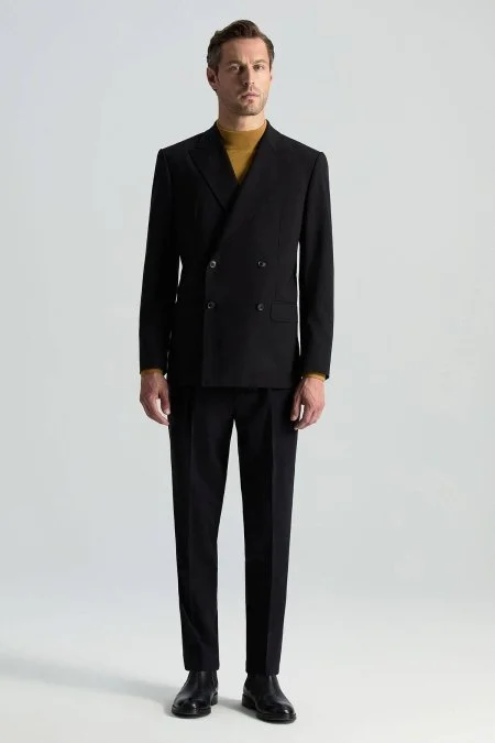 İtalyan Yün Karışımlı Siyah Kruvaze Blazer Ceket