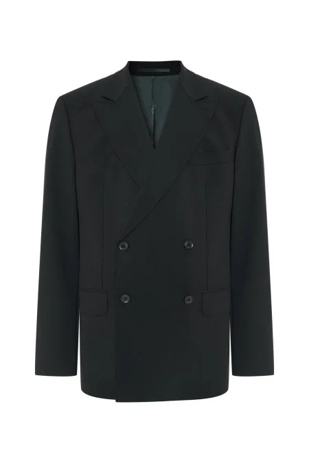 İtalyan Yün Karışımlı Siyah Kruvaze Blazer Ceket