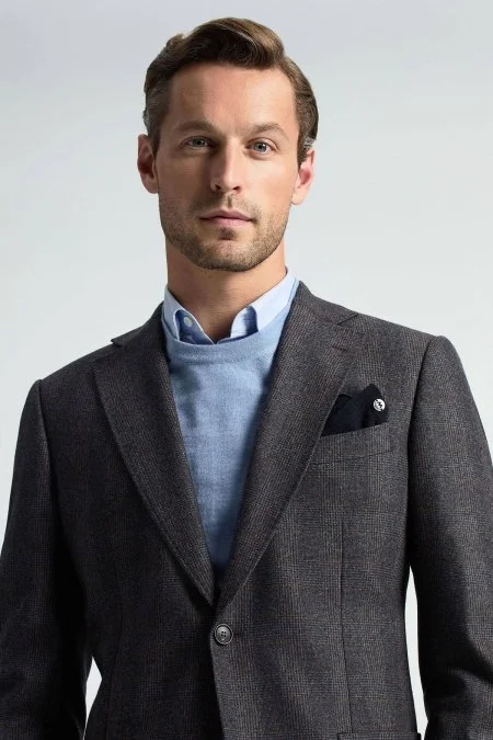 İtalyan Yün Kaşmir Karışım Ekose Desen Antrasit Blazer Ceket