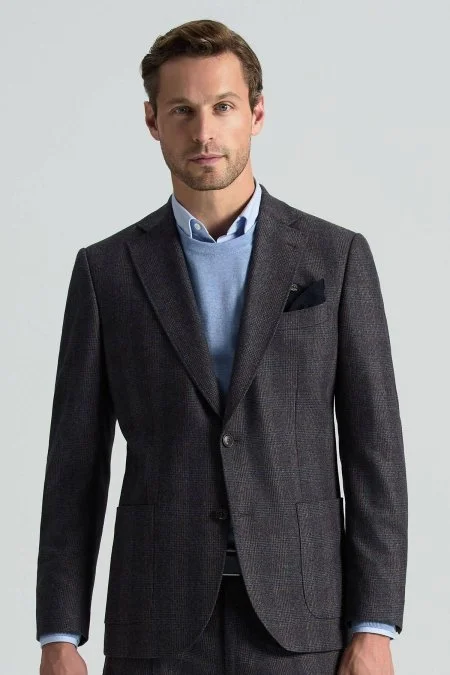 İtalyan Yün Kaşmir Karışım Ekose Desen Antrasit Blazer Ceket