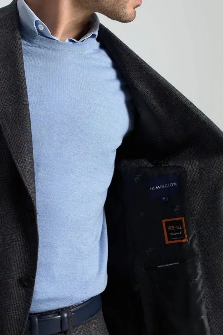 İtalyan Yün Kaşmir Karışım Ekose Desen Antrasit Blazer Ceket