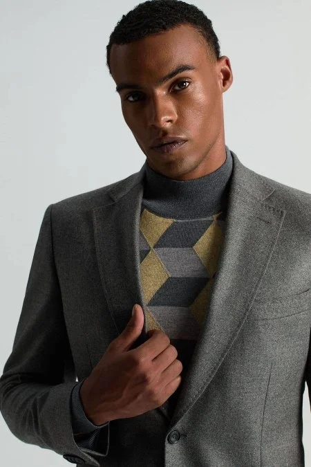 İtalyan Yün Kaşmir Karışım Gri Blazer Ceket