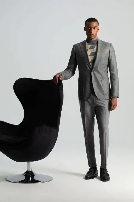 İtalyan Yün Kaşmir Karışım Gri Blazer Ceket