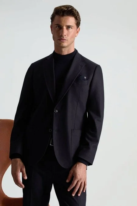 İtalyan Yün Kaşmir Karışım Koyu Lacivert Blazer Ceket