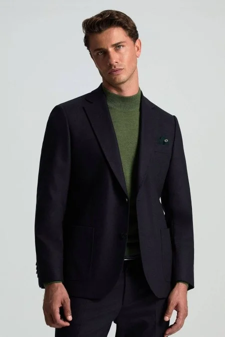 İtalyan Yün Kaşmir Karışım Koyu Lacivert Blazer Ceket