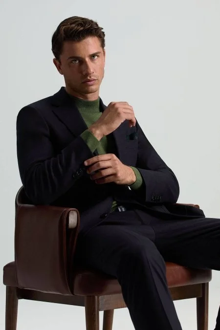 İtalyan Yün Kaşmir Karışım Koyu Lacivert Blazer Ceket