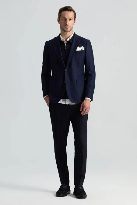 İtalyan Yün Kaşmir Karışım Lacivert Blazer Ceket