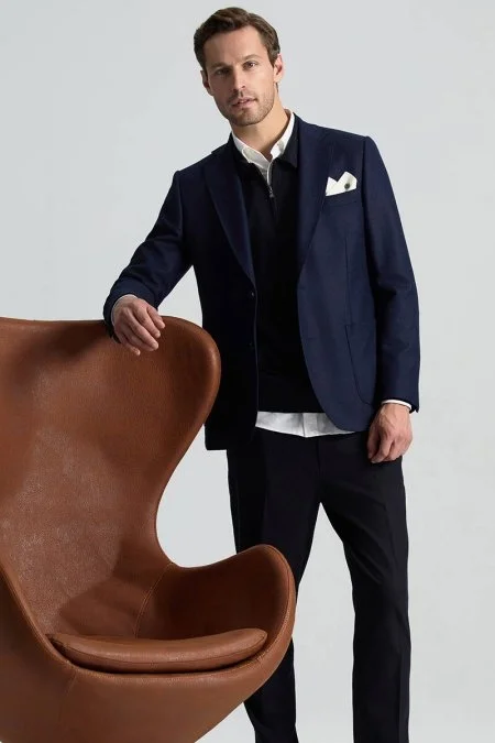 İtalyan Yün Kaşmir Karışım Lacivert Blazer Ceket İtalyan Yün Kaşmir Karışım Lacivert Blazer Ceket