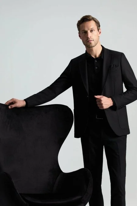 İtalyan Yün Kaşmir Karışım Siyah Blazer Ceket